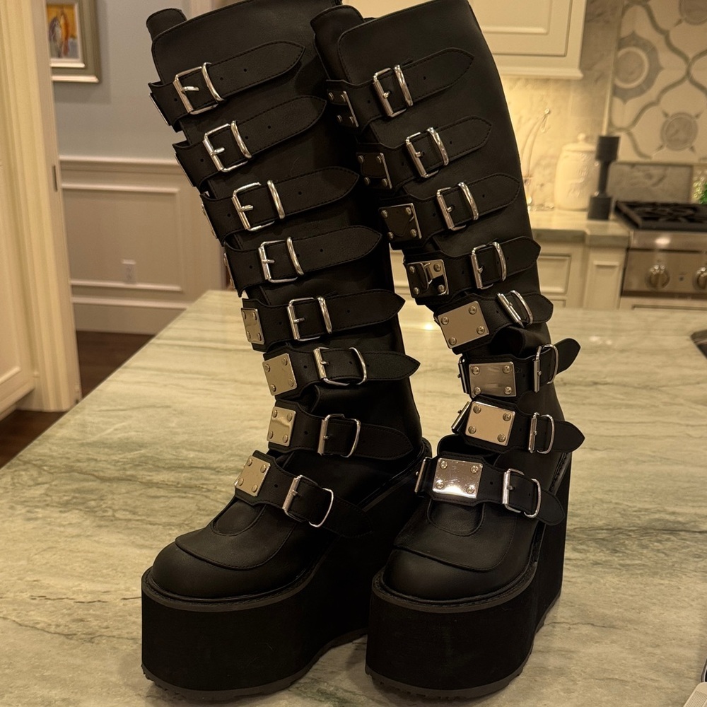 Demonia Swing 815 Black Platform Boots with Silver Buckles Size 9